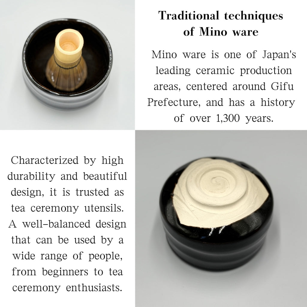 Japanese Minoyaki Tenmoku Matcha Bowl - Glossy Black Glaze, Handmade Tea Ceremony Chawan