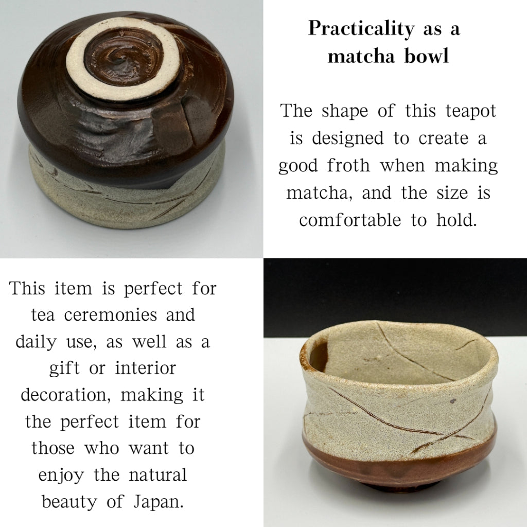 Japanese Mino ware Matcha Bowl - White Sand Tasuki Carving Handmade Tea Ceremony Chawan teaware