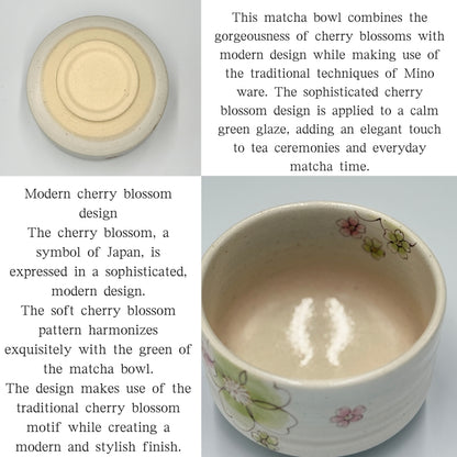 Japanese Minoyaki Matcha Bowl - Modern Sakura Green Design Handmade Tea Ceremony Chawan chaware