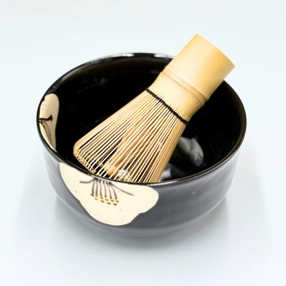 Japanese Setoyaki Matcha Bowl - Black Tsubaki Design, Handmade Tea Ceremony Chawan chaware