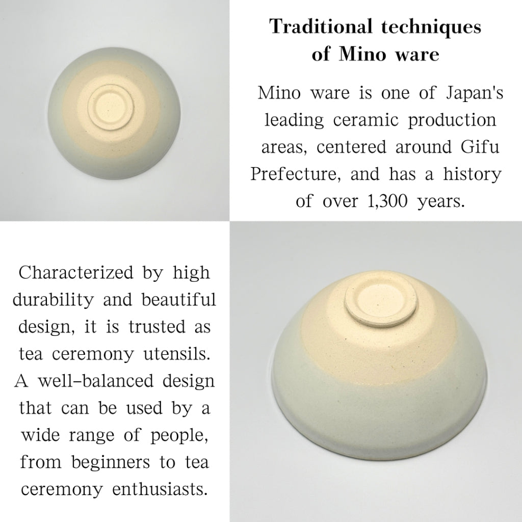 Handmade Mino Ware Matcha Bowl - White Powder Glaze, Flat Shape, Made in Japan Chawan