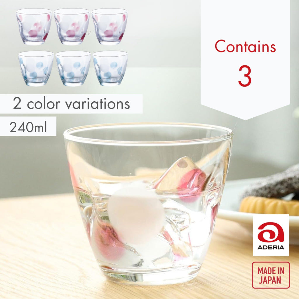 ADERIA Dot Pattern Glass Set - 240ml Free Cup (Blue & Pink) - Made in Japan [3-Piece Set]