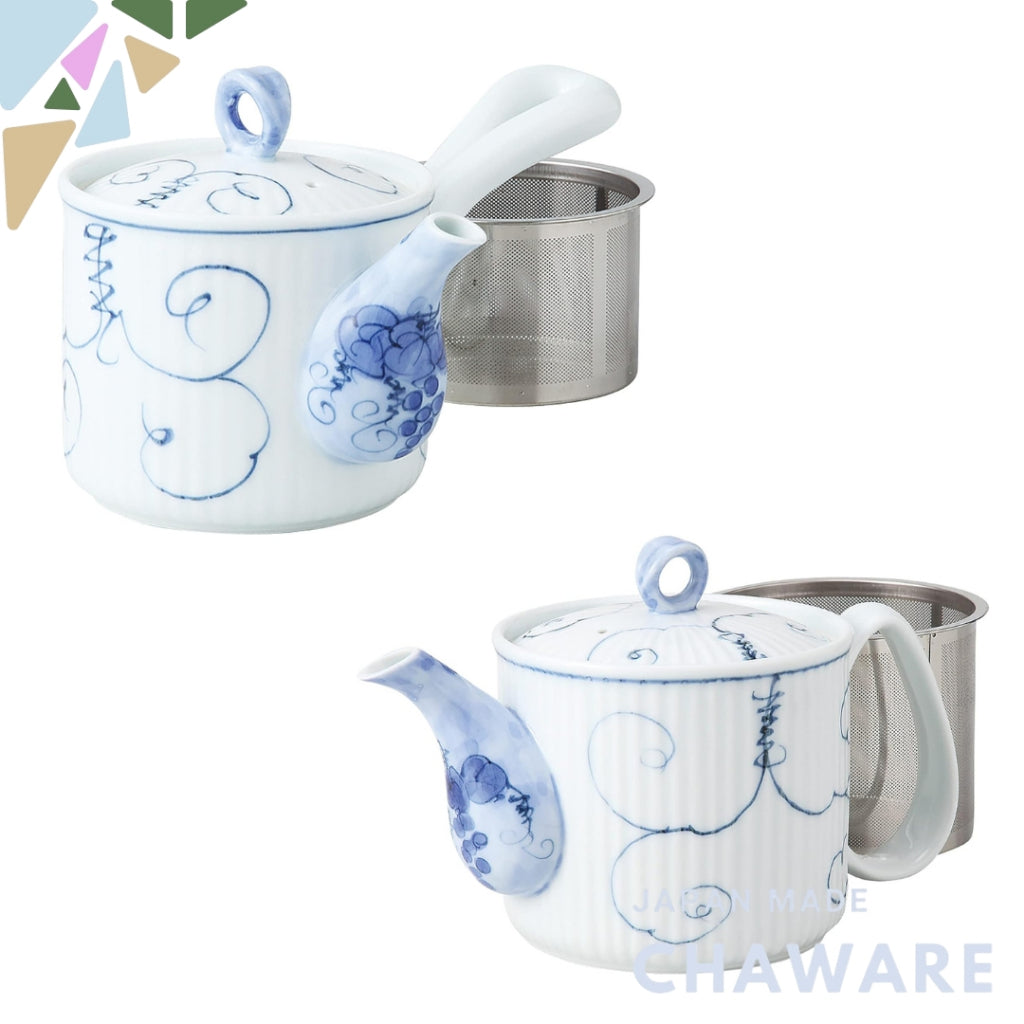 Hasami Ware Large Lightweight Teapot with Super Stainless Steel Strainer - Grapevine Pattern, 475ml Capacity, Easy to Cl