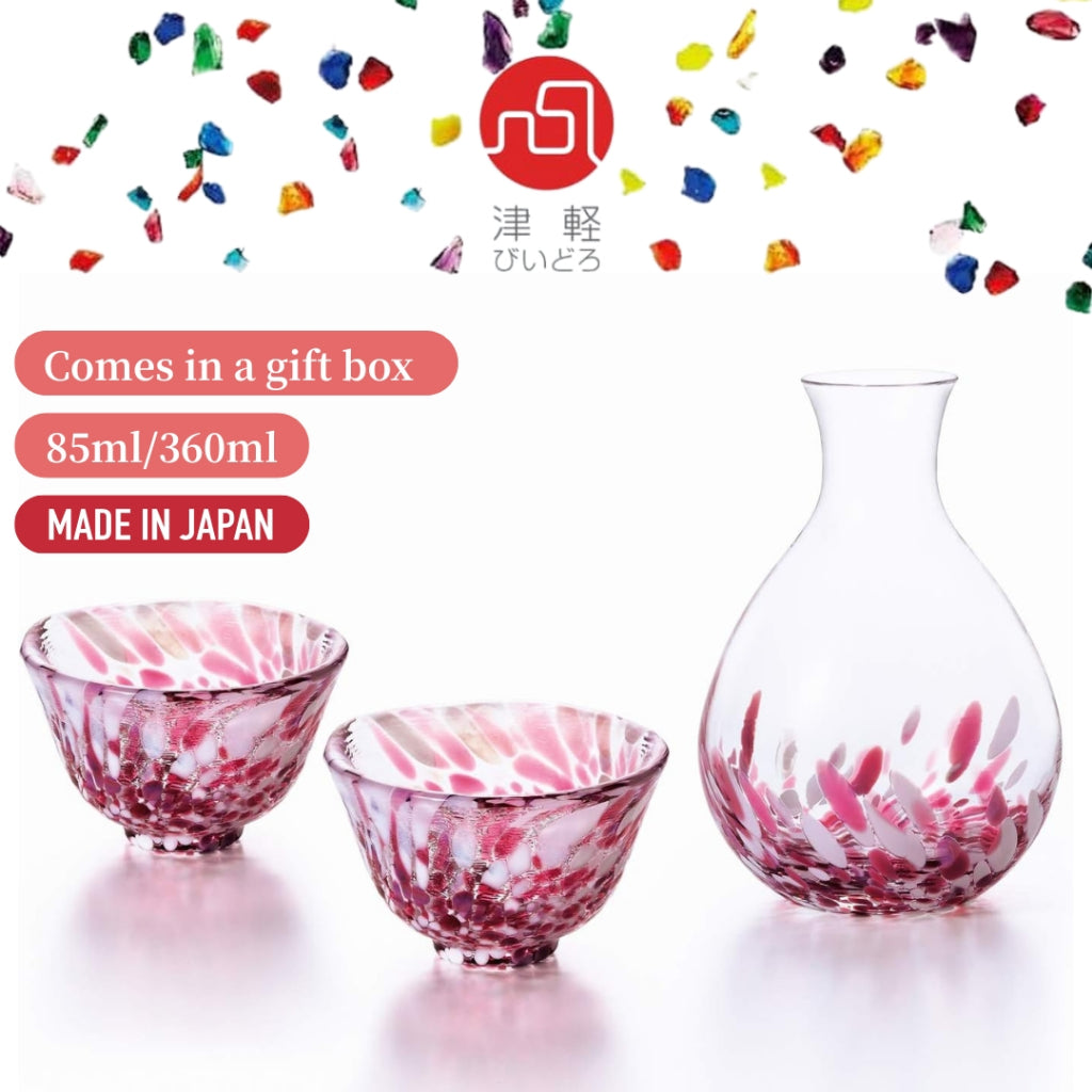 ADERIA Tsugaru Glass Sakura Fubuki Sake Set - Tokkuri and Ochoko, Made in Japan, Gift Box Included