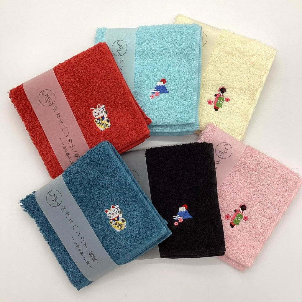 Kyoyu Japanese Made Imabari Embroidered Handkerchief - 25cm x 25cm Mini Cotton Wash Towel with Kurumin Design (Hopping Rabbit) - Pink