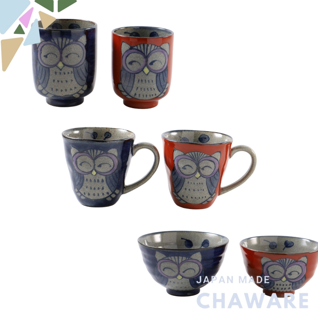 Hasami Ware Owl Design Tableware Set in Blue and Red