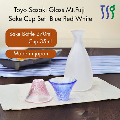 Toyo Sasaki Glass Cold Sake Set, Shofuku Cup, Mount Fuji, Made in Japan, Cup 35ml, Tokkuri 270ml, Blue & Red & White, Se