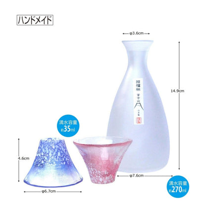 Toyo Sasaki Glass Cold Sake Set, Shofuku Cup, Mount Fuji, Made in Japan, Cup 35ml, Tokkuri 270ml, Blue & Red & White, Set of 3, G639-M76. Tokkuri: Diameter approx. 3.6cm / Height approx. 14.9cm, Cold Sake Cup: Diameter approx. 6.7cm / He