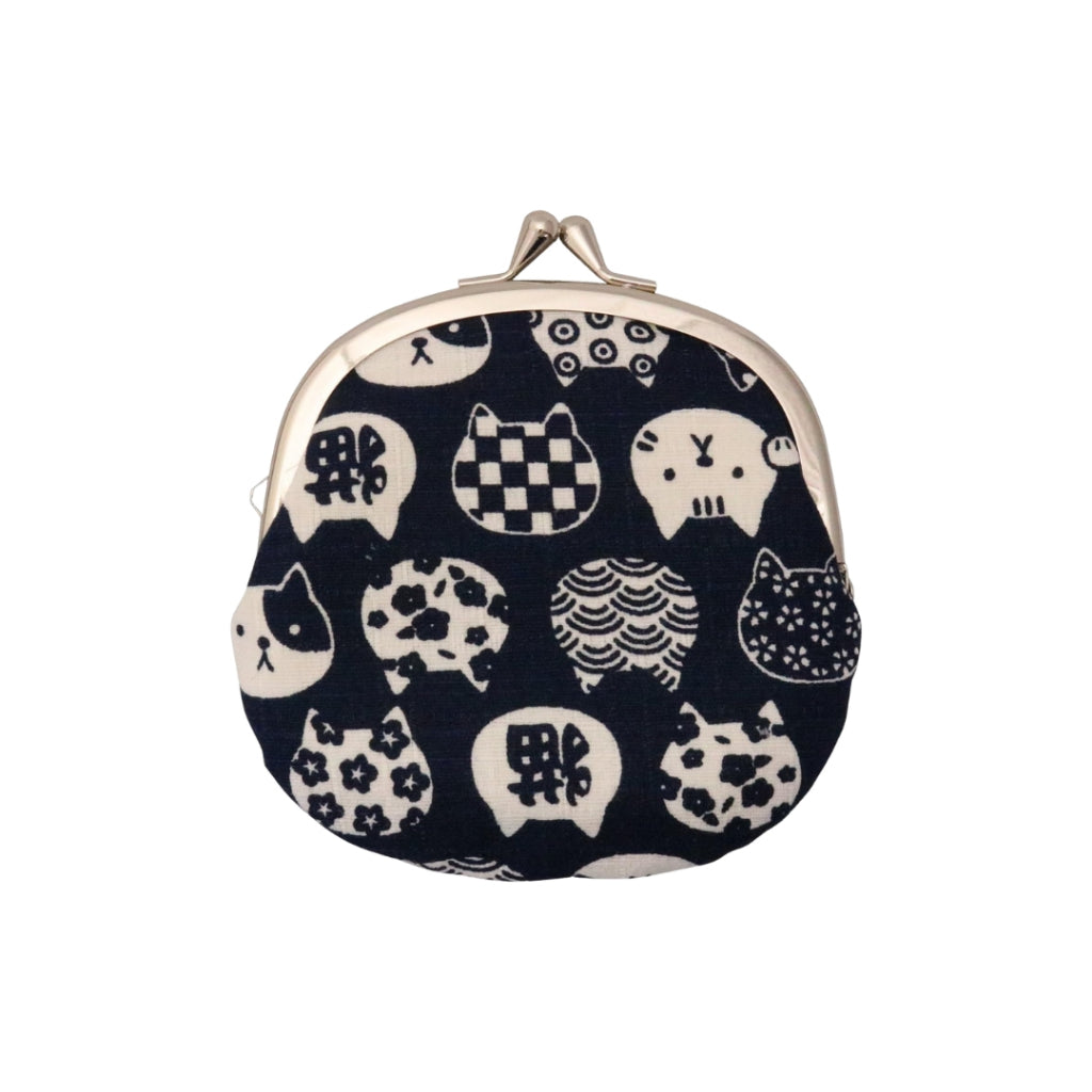 Kyoyu Japanese-made clasp wallet, coin and small item purse, cat pattern, Nyankomon, 3.3 inches, 12×11.5 cm, navy blue.