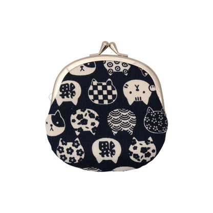 Kyoyu Japanese-made clasp wallet, coin and small item purse, cat pattern, Nyankomon, 3.3 inches, 12×11.5 cm, navy blue.