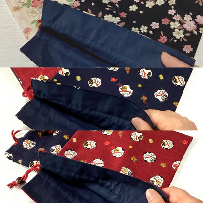 Kyoyu Japanese-made Drawstring Pouch - Approximately 24.5×19cm, Cotton, with Wooden Bead, Various Japanese Motifs