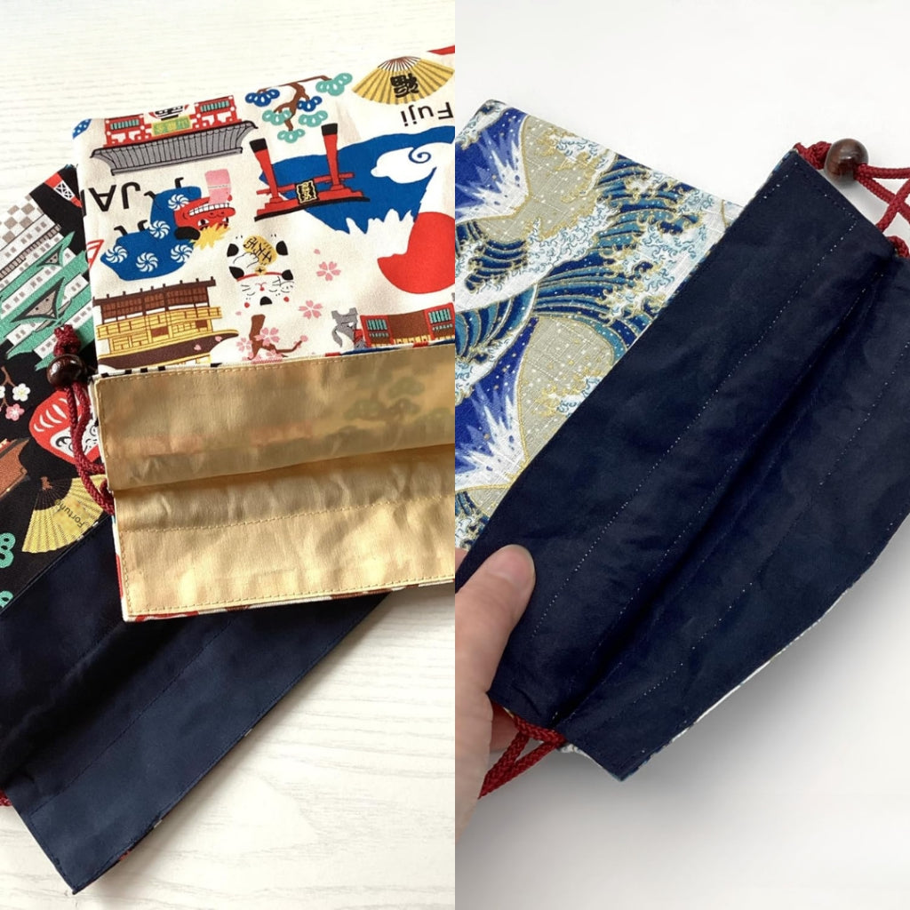 Kyoyu Japanese-made Drawstring Pouch - Approximately 24.5×19cm, Cotton, with Wooden Bead, Various Japanese Motifs
