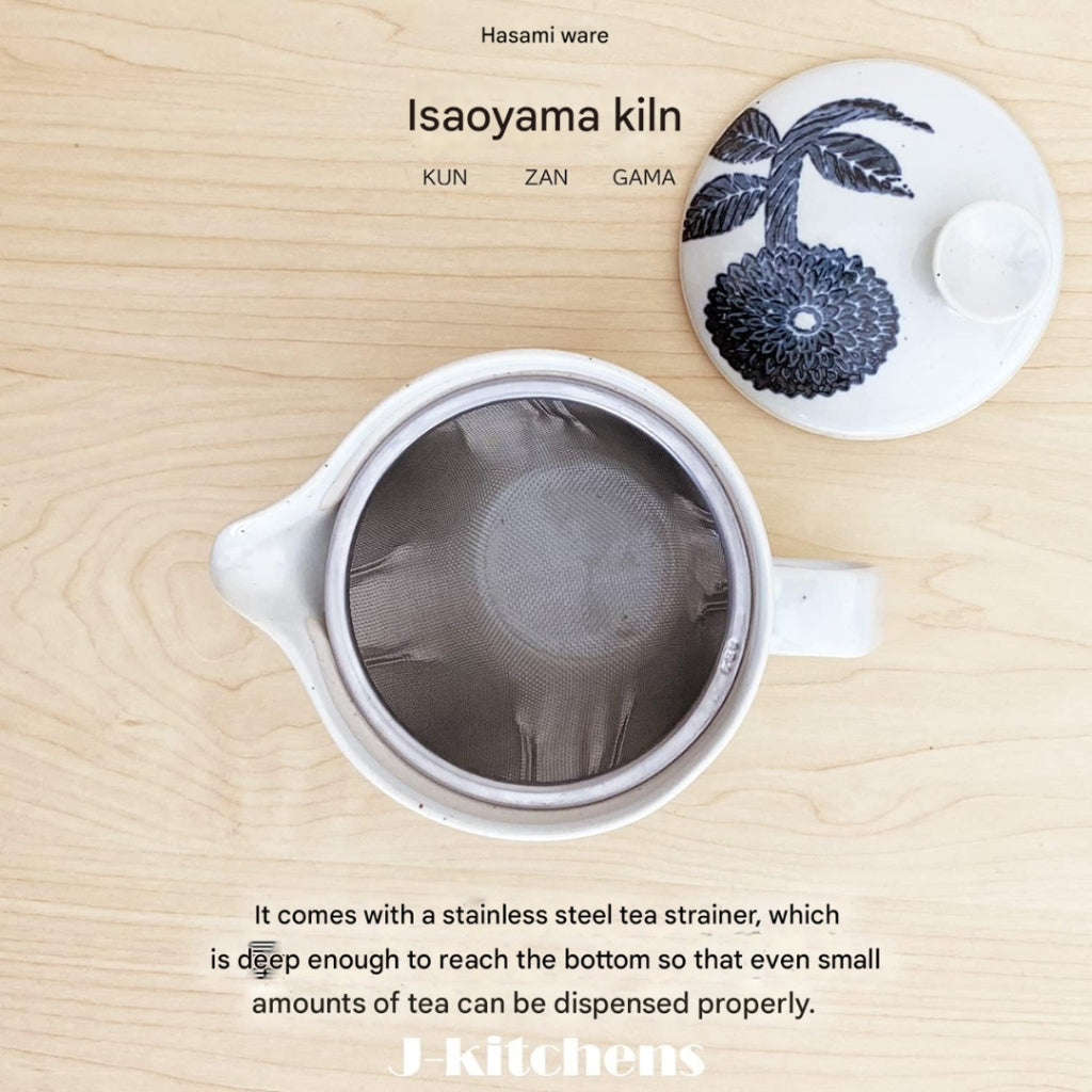 J-Kitchens Kunzan Kiln Teapot with Strainer - 240ml for 1 to 2 Servings - Hasami Ware, Made in Japan - Floral Design Collection
