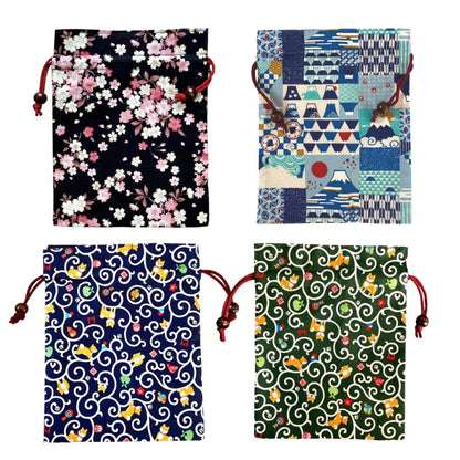 Kyoyu Japanese-made Drawstring Pouch - Approximately 24.5×19cm, Cotton, with Wooden Bead, Various Japanese Motifs