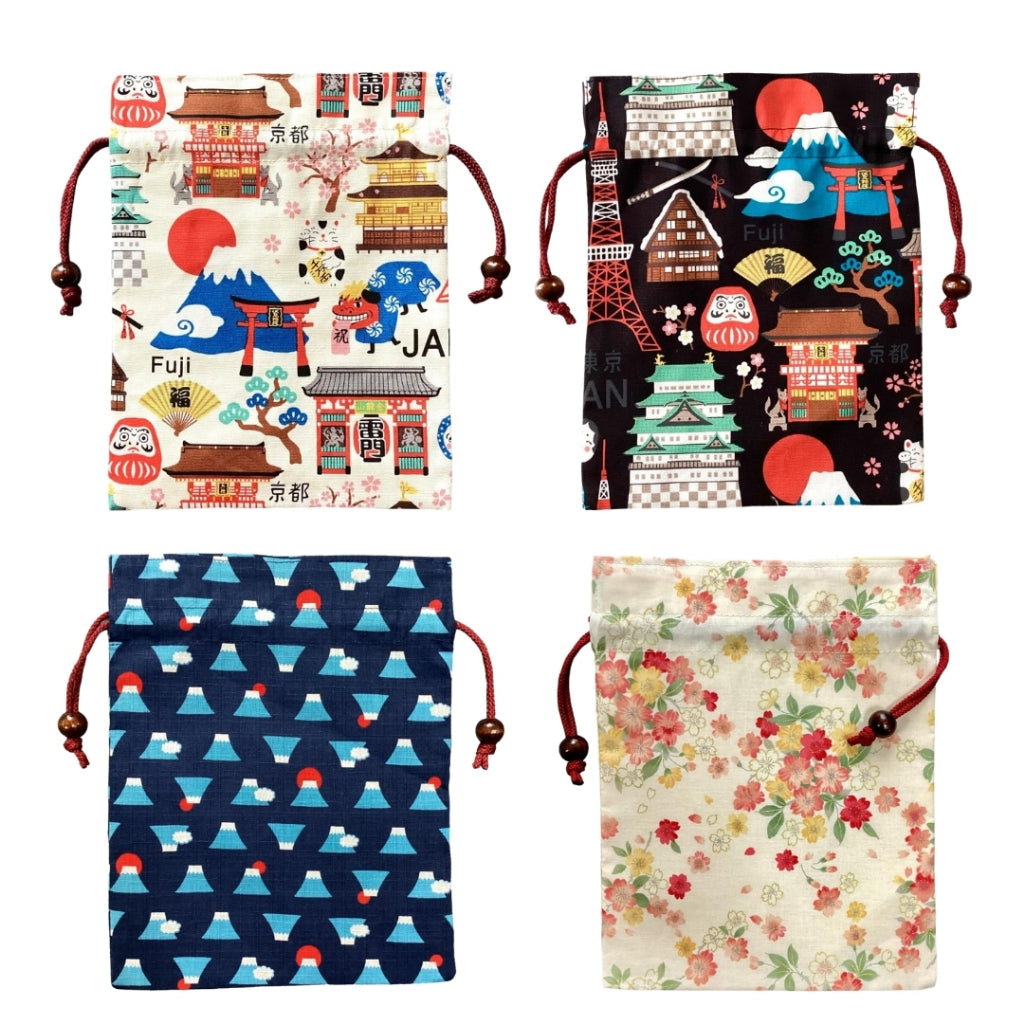 Kyoyu Japanese-made Drawstring Pouch - Approximately 24.5×19cm, Cotton, with Wooden Bead, Various Japanese Motifs