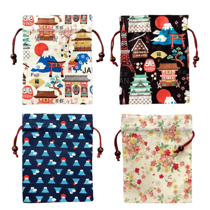 Kyoyu Japanese-made Drawstring Pouch - Approximately 24.5×19cm, Cotton, with Wooden Bead, Various Japanese Motifs