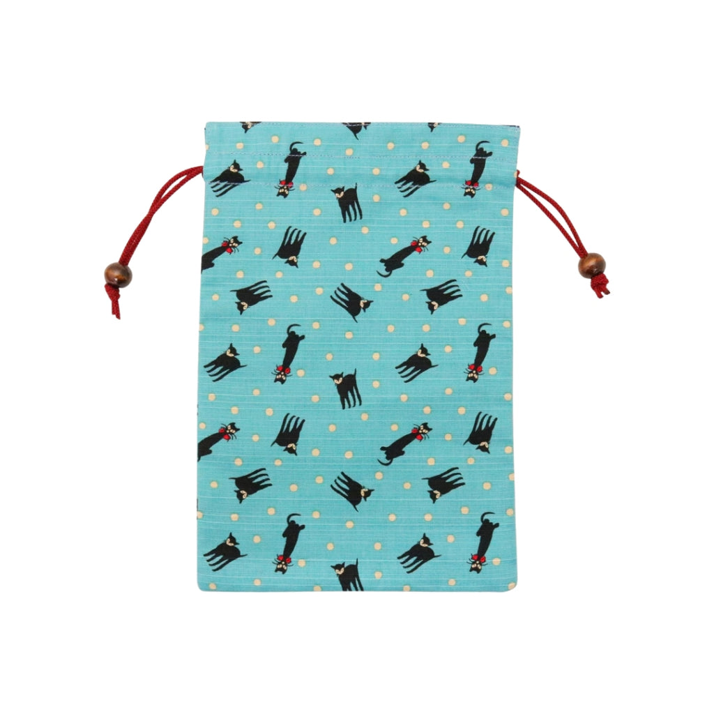 京友 Japanese-made Drawstring Bag for Goshuin Book, Cotton, 18×26.5cm, Pouch Case, Yumenoji, Black Cat, Blue