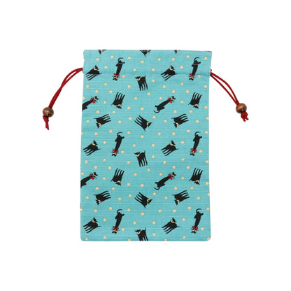 京友 Japanese-made Drawstring Bag for Goshuin Book, Cotton, 18×26.5cm, Pouch Case, Yumenoji, Black Cat, Blue