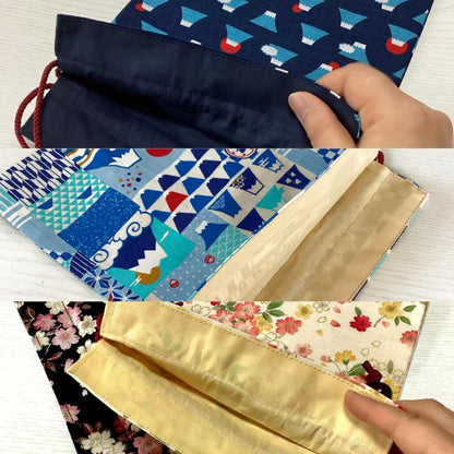 Kyoyu Japanese-made Drawstring Pouch - Approximately 24.5×19cm, Cotton, with Wooden Bead, Various Japanese Motifs