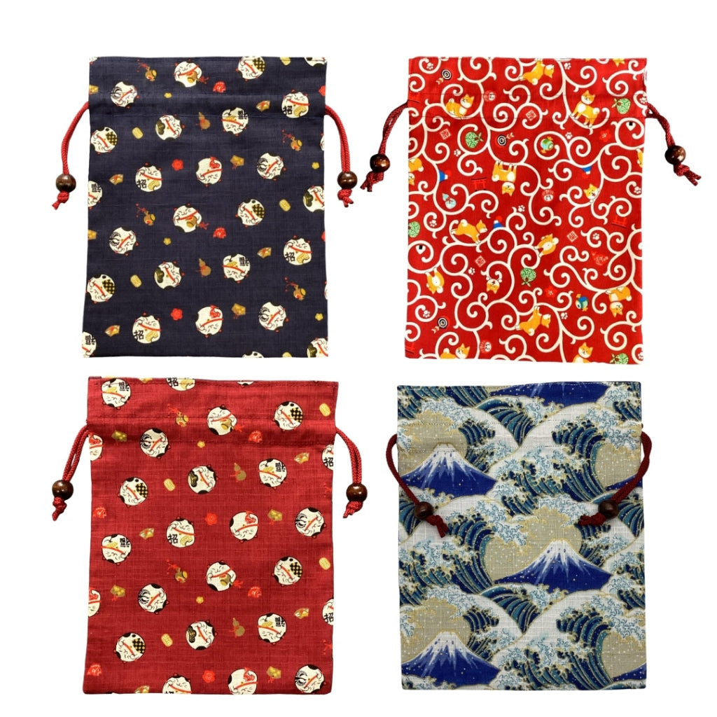 Kyoyu Japanese-made Drawstring Pouch - Approximately 24.5×19cm, Cotton, with Wooden Bead, Various Japanese Motifs