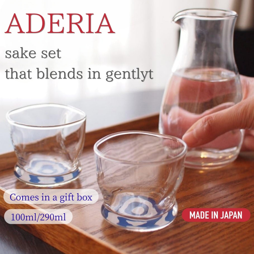 ADERIA Sake Set Clear (1 Carafe 290ml, 2 Cups 100ml)Tasting Sake Glass Gift Set in Box Made in Japan