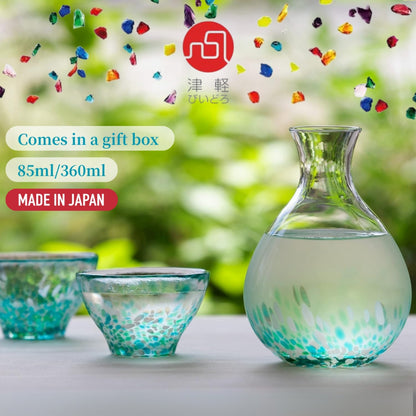 ADERIA Tsugaru Biidoro Mizubashou Sake Set Tokkuri and Ochoko - Made in Japan Cool Sake Server Glass