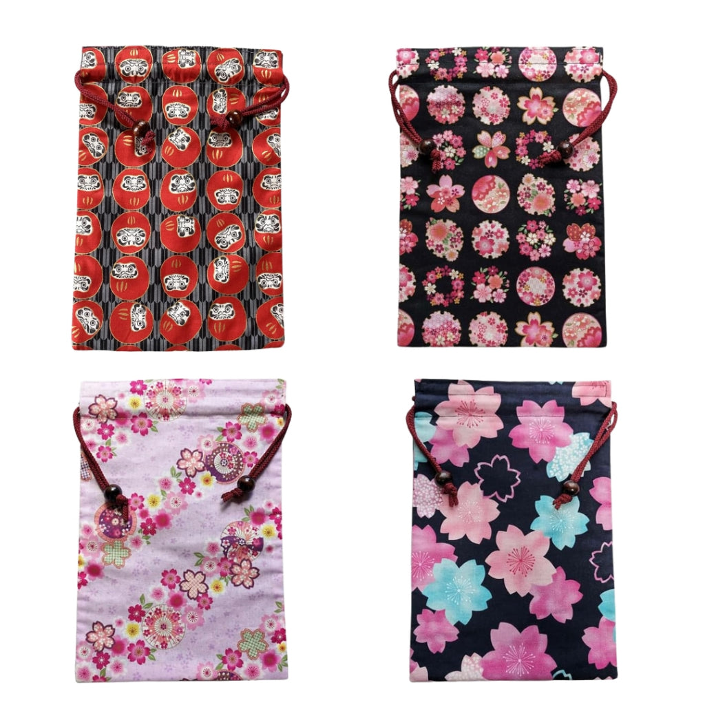 kyoyu Japanese Made Shuincho Case with Drawstring Bag - 26.5x18cm, Wooden Ball, Traditional Fabric, Assorted Patterns