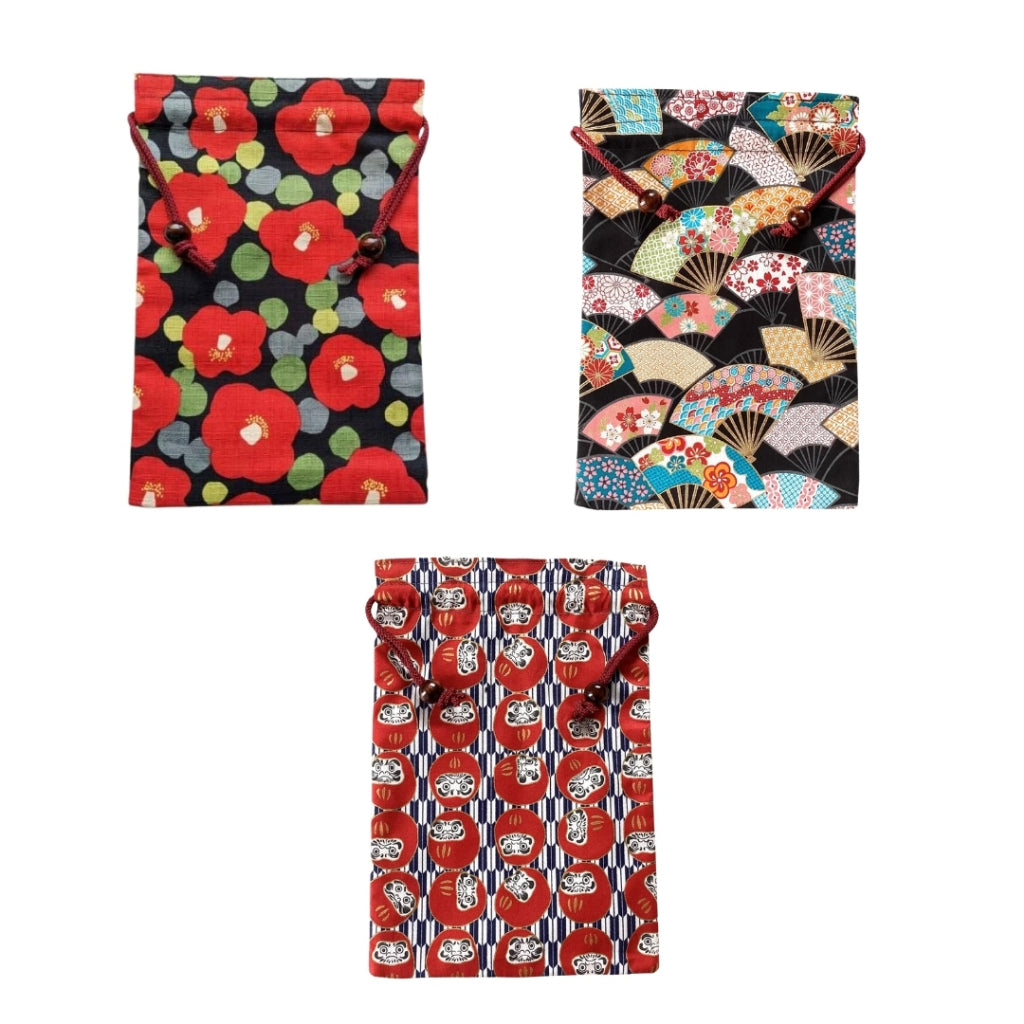kyoyu Japanese Made Shuincho Case with Drawstring Bag - 26.5x18cm, Wooden Ball, Traditional Fabric, Assorted Patterns