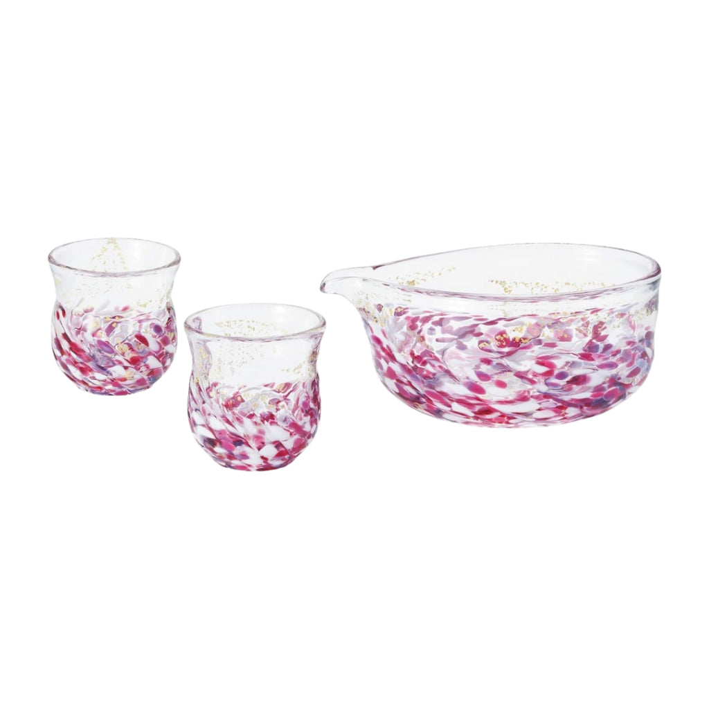 ADERIA Tsugaru Glass Flower Reflection Flower Raft Sake Set Includes Sake Pourer (180ml) and Cups (80ml) Made in Japan Ochoko Sake Cups for Sake Stylish Glassware for Cold Sake Gift for Women Mother's Day Father's Day Couples Men Housewarming Celebration