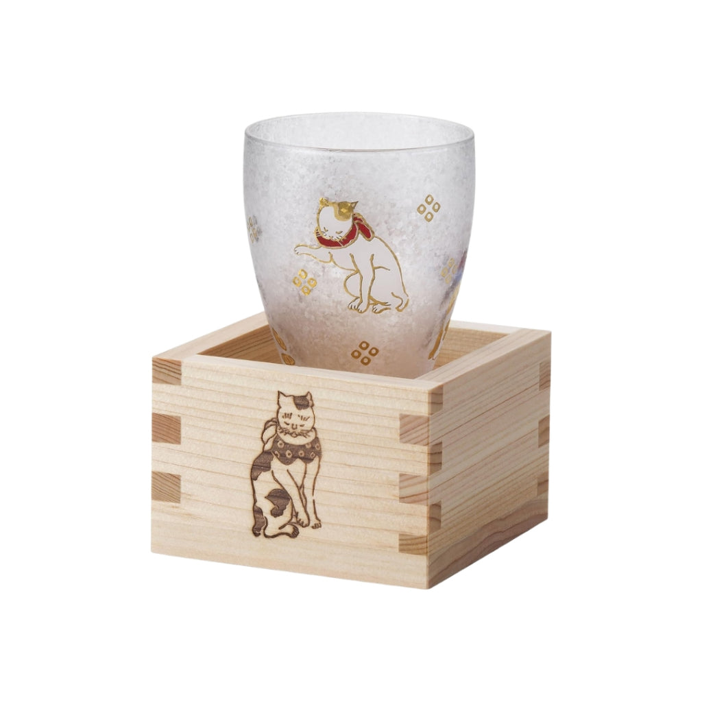 ADERIA Premium Nippon Taste Lucky Animals Cat Masu Sake Glass 100ml Made in Japan Gift Box Included Ochoko Sake Cup Glass Cold Sake Stylish Drinkware Gift Present for Respect for the Aged Day and Kanreki 6782