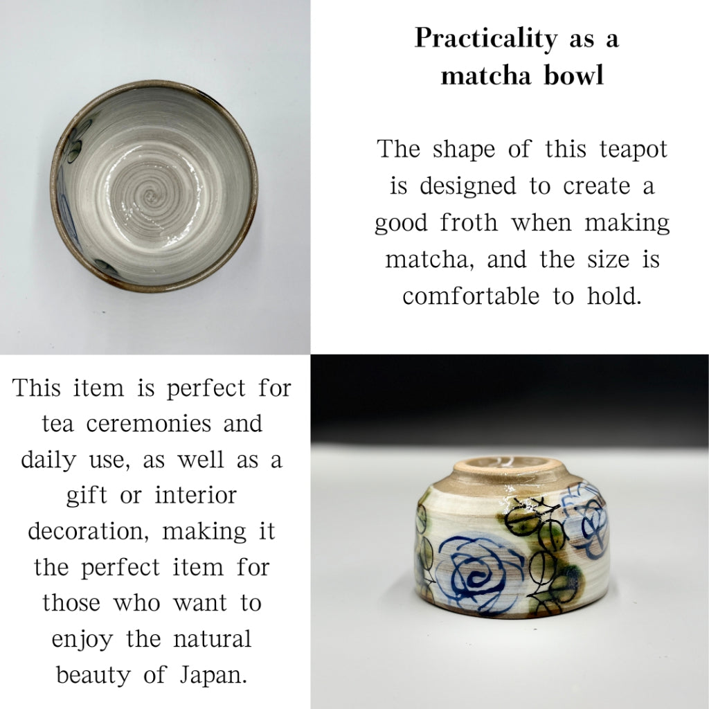 Rose Garden Blue Matcha Bowl Mino Ware (Made in Japan) matcha bowl, tea bowl