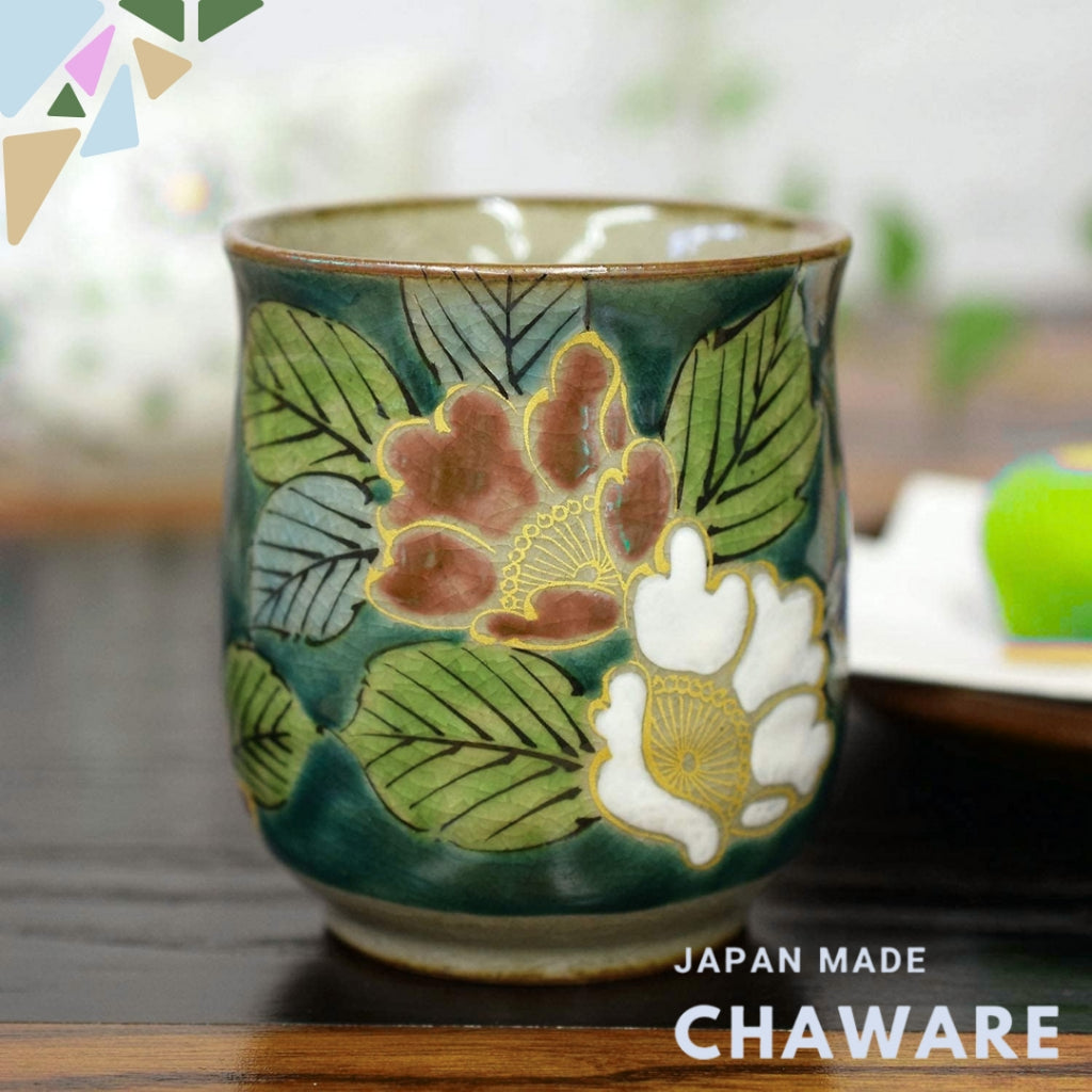 Stylish Yunomi (tea cup) - Kutani Ware, Green Camellia, ceramic tea bowl, brand, Japanese tableware, made in Japan.