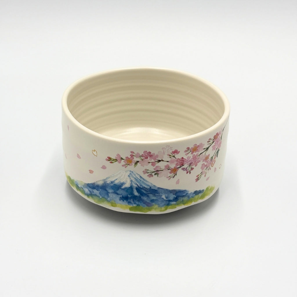 Japanese Matcha Bowl White Sakura Fuji Design Chawan Tea Ceremony  Made in Japan