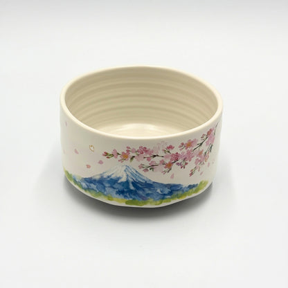 Japanese Matcha Bowl White Sakura Fuji Design Chawan Tea Ceremony  Made in Japan