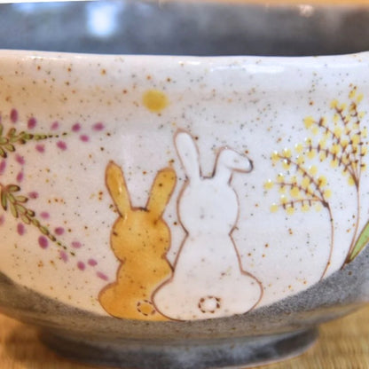 Japanese Handpainted Rabbit Rice Bowl | Ceramic Dinnerware 11cm | Hidamari Usagi Collection
