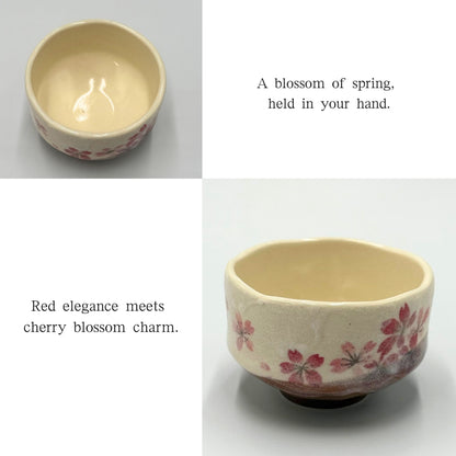 Mini Matcha Bowl Heian Sakura Red – Japanese Chawan, Cherry Blossom Design, Mino Ware, Handmade in Japan