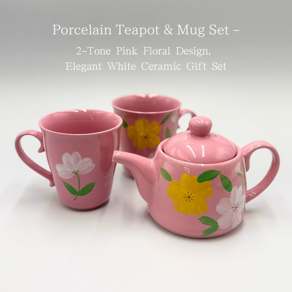 Porcelain Teapot & Mug Set – 2-Tone Pink Floral Design, Elegant White Ceramic Gift Set