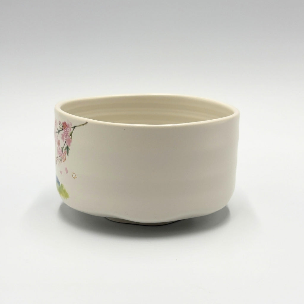 Japanese Matcha Bowl White Sakura Fuji Design Chawan Tea Ceremony  Made in Japan