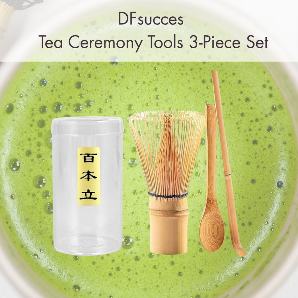 DFsucces Tea Ceremony Tools 3-Piece Set: 100-Bamboo Holder, Chasen (Tea Whisk), Chashaku (Scoop), Bamboo-made Matcha Pow