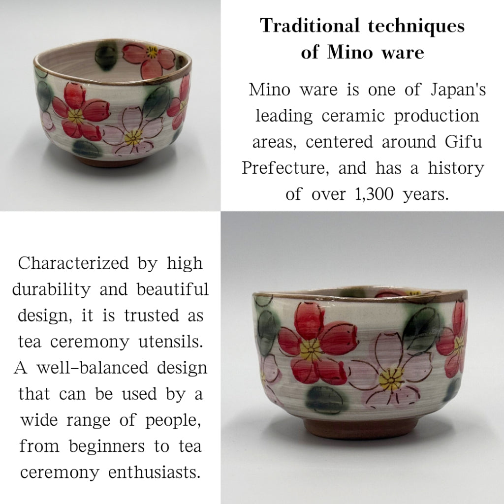 Matcha Bowl Red Sakura Blizzard – Japanese Chawan, Mino Ware, Handmade Spring Blossom, Made in Japan