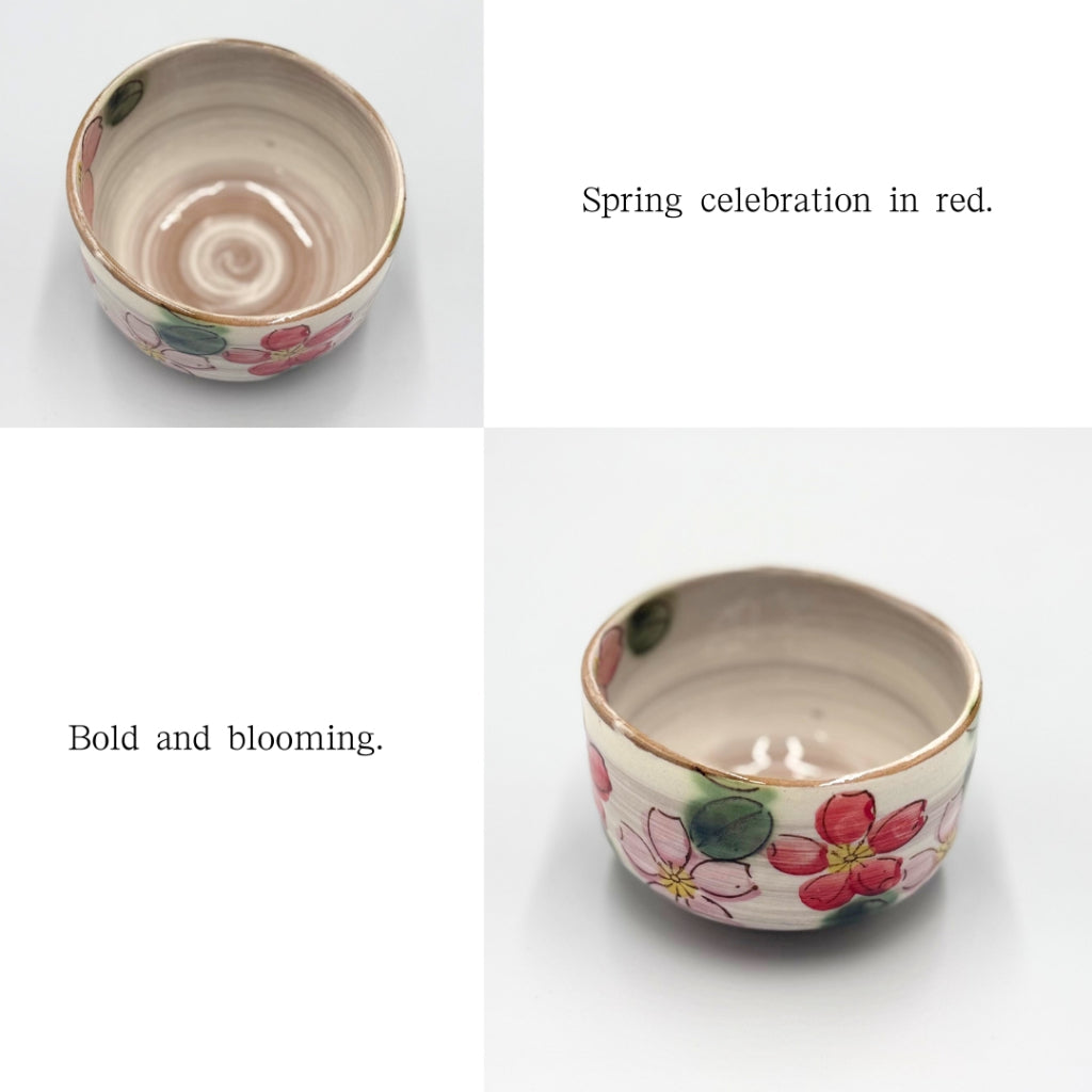 Matcha Bowl Red Sakura Blizzard – Japanese Chawan, Mino Ware, Handmade Spring Blossom, Made in Japan