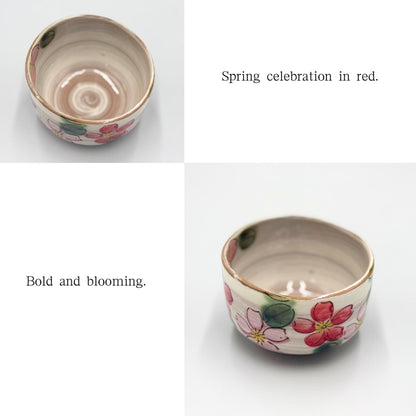 Matcha Bowl Red Sakura Blizzard – Japanese Chawan, Mino Ware, Handmade Spring Blossom, Made in Japan