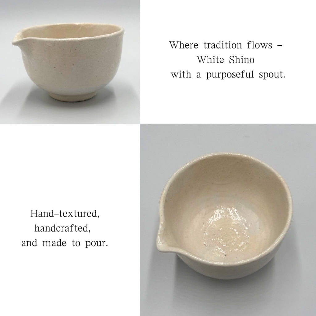 Matcha Bowl White Shino Spouted Chawan – Japanese Katakuchi Tea Cup, Mino Ware, Handmade, Made in Japan