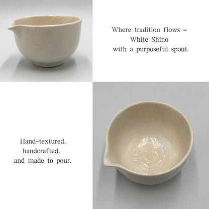 Matcha Bowl White Shino Spouted Chawan – Japanese Katakuchi Tea Cup, Mino Ware, Handmade, Made in Japan