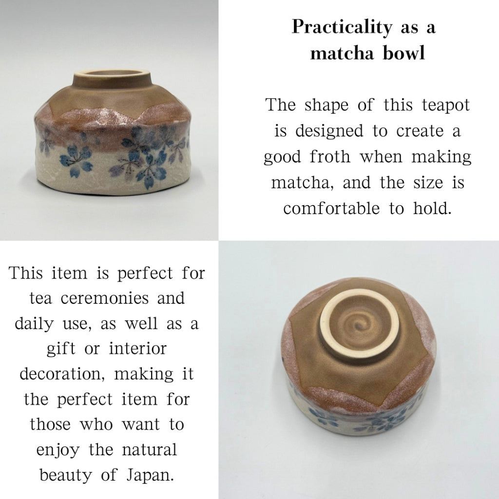 Mini Matcha Bowl Heian Sakura Blue – Japanese Teacup, Floral Glaze, Mino Ware, Made in Japan