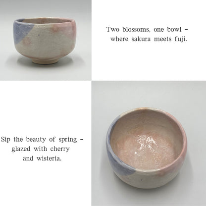 Matcha Bowl Sakura and Wisteria – Japanese Chawan Tea Cup, Mino Ware, Floral Spring Glaze
