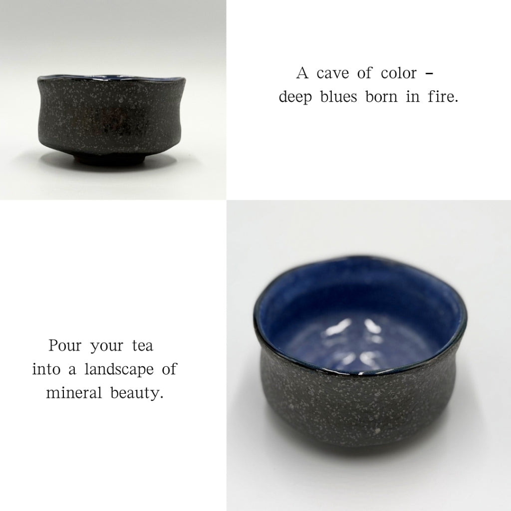 Matcha Bowl Seiran Cave Glaze – Japanese Chawan, Blue Lava Flow Style, Mino Ware, Handmade, Made in Japan
