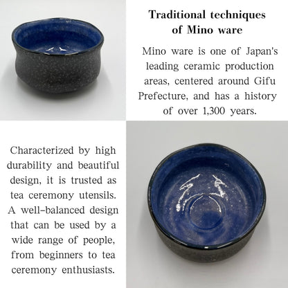 Matcha Bowl Seiran Cave Glaze – Japanese Chawan, Blue Lava Flow Style, Mino Ware, Handmade, Made in Japan