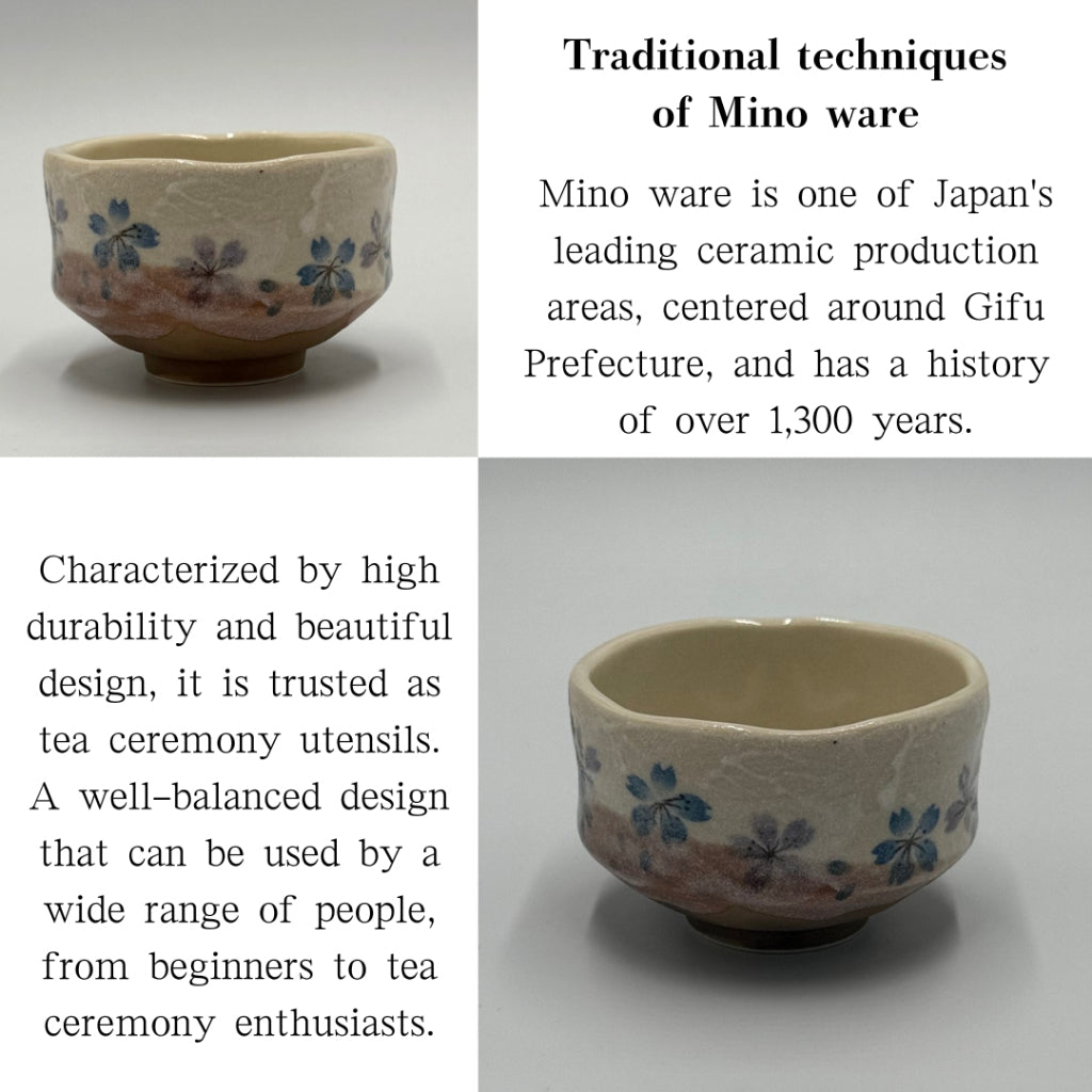 Mini Matcha Bowl Heian Sakura Blue – Japanese Teacup, Floral Glaze, Mino Ware, Made in Japan