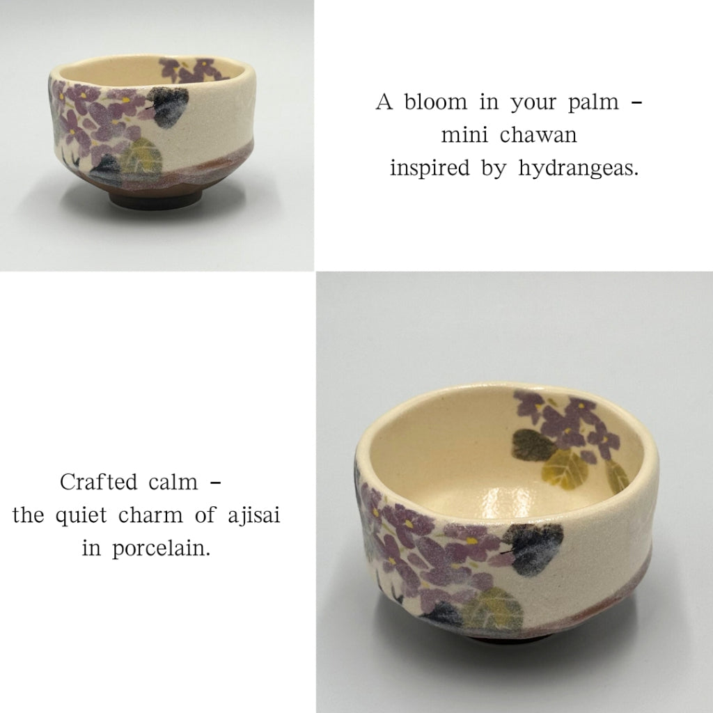 Mini Matcha Bowl Hydrangea Design – Japanese Chawan Mino Ware, Handmade Tea Cup, Made in Japan